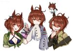  :d agnes_tachyon_(lunatic_lab)_(umamusume) agnes_tachyon_(sigma_experiment)_(umamusume) agnes_tachyon_(uma_stars)_(umamusume) agnes_tachyon_(umamusume) ahoge animal_ears bikini black_nails black_shirt blue_bikini blush breasts brown_hair buttons chibi coat collared_coat collared_shirt commentary ear_covers ear_ornament earrings flask green_coat green_shirt hair_between_eyes halterneck hand_on_own_face hexagon_print highres holding holding_flask horse_ears horse_girl jewelry lab_coat long_sleeves looking_at_viewer medium_breasts medium_hair monocle nail_polish off_shoulder official_alternate_costume official_alternate_hairstyle ponytail red_eyes round-bottom_flask shirt sidelocks simple_background single_ear_cover single_earring sleeves_past_fingers sleeves_past_wrists sleeves_rolled_up smile swimsuit teru_(t_nano) umamusume upper_body very_long_sleeves white_background wide_sleeves 