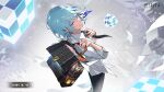  black_necktie black_pants blue_eyes blue_hair briefcase chain_print cube flying_paper game_cg highres holding holding_briefcase khun_aguero_agnis looking_at_viewer necktie pants paper rubik&#039;s_cube shirt simple_background smile snowflakes tower_of_god tower_of_god:_great_journey uoongpig white_shirt 