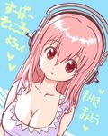  breasts cleavage head_tilt headphones large_breasts long_hair looking_at_viewer mantou nitroplus pink_hair red_eyes sketch solo super_sonico 