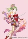 1girl bare_shoulders cape detached_sleeves dress earrings final_fantasy final_fantasy_vi gradient_cape green_hair hair_ribbon itou_misei jewelry long_hair looking_at_viewer pantyhose pink_cape polka_dot_pantyhose ponytail print_pantyhose red_sleeves ribbon sash solo strapless strapless_dress terra_branford tube_dress waist_sash weapon yellow_cape 