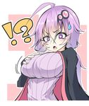  1girl :o absurdres bad_id bad_pixiv_id blush breasts dress hair_ornament highres hood hooded_jacket hoodie jacket large_breasts long_hair low_twintails open_mouth purple_dress purple_eyes purple_hair ribbed_sweater sakakiba_misogi self_fondle short_hair_with_long_locks solo surprised sweater twintails v-shaped_eyebrows vocaloid voiceroid yuzuki_yukari 