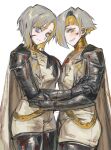  2girls armor blood blood_on_clothes blood_on_face blush breasts cape chest_bow faust_(project_moon) grey_eyes grey_hair grin hand_on_another&#039;s_arm highres hug kromer_(project_moon) limbus_company looking_at_viewer multicolored_hair multiple_girls n_corp._fanatic_(identity)_(project_moon) nail_(hardware) one_eye_covered plate_armor project_moon scar scar_on_face smile streaked_hair thighhighs tunic upper_body white_background white_cape white_tunic wide_hips zfisdwirwd25 