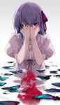  1girl blood bug butterfly covering_face eyebrows_visible_through_hair fate/stay_night fate_(series) gradient gradient_background grey_background hair_ribbon highres hirai_yuzuki insect looking_at_viewer matou_sakura partially_submerged pink_eyes puffy_short_sleeves puffy_sleeves purple_hair revision ribbon short_hair short_sleeves solo water white_background 