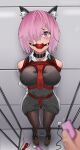  1girl 1other absurdres animal_ears arms_behind_back ball_gag bdsm black_collar black_dress black_pantyhose bondage bound bound_arms bound_legs bralines breast_bondage chain collar controller crotch_rope dress fake_animal_ears fate/grand_order fate_(series) gag gagged hair_over_one_eye harris_hero hetero highres hitachi_magic_wand implied_vibrator indoors kemonomimi_mode mash_kyrielight necktie panties panties_under_pantyhose pantyhose purple_eyes purple_hair red_rope remote_control remote_control_vibrator restrained rope sex_toy shibari shibari_over_clothes short_hair solo_focus standing underwear vibrator white_panties wireless_sex_toy_controller 