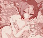  1girl animal_ears completely_nude convenient_censoring covering_breasts covering_privates cowboy_shot horse_ears horse_girl horse_tail looking_at_viewer lowres monochrome multicolored_hair nude sepia short_hair solo sponge streaked_hair tail tsubaki09 umamusume v-shaped_eyebrows yaeno_muteki_(umamusume) 