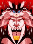 3:4 abs anthro belt_buckle biped blue_sclera bottomwear buckle clothing costume domestic_cat felid feline felis fur gmgt77 hi_res male mammal mask muscular muscular_anthro muscular_male red_background ring_cats sharp_teeth shorts signature simple_background smile solo sports_mask sportswear teeth white_body white_fur wrestling_mask