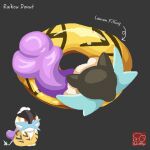  arrow_(symbol) artist_logo artist_name character-themed_food character_name donut food food_focus food_name grey_background highres icing logo no_humans pastry pokemon pokemon_(creature) raikou simple_background yuki00yo 