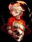  1girl beads black_background breasts brown_hair chain clothing_request dark fiery_ears fingernails fire gold_chain gold_trim green_eyes hair_between_eyes highres hitomaruniigo holding holding_skull jewelry large_breasts long_neck looking_at_viewer medium_hair messy_hair multicolored_eyes neptora orange_eyes original red_eyes revealing_clothes shiny_skin skull tan turning_head two-tone_eyes underboob 