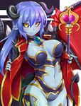  astaroth_(shinrabanshou) black_sclera blue_hair blue_skin breasts cape cleavage demon_girl demon_horns demon_tail demon_wings hawe_king holding horns large_breasts long_hair looking_at_viewer navel pointy_ears shinrabanshou smile solo staff tail wings yellow_eyes 