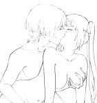  1boy 1girl bare_shoulders behind_another blunt_bangs blunt_ends blush bow breasts closed_eyes collarbone completely_nude couple crotch eyelashes furrowed_brow genshin_impact grabbing_another&#039;s_breast grabbing_from_behind greyscale groping hair_bow hetero highres kiss long_hair medium_breasts mona_(genshin_impact) monochrome navel naysucc nude reach-around scaramouche_(genshin_impact) sidelocks sketch twintails unfinished 