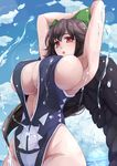 :o armpits arms_up bad_id bad_pixiv_id black_hair black_wings blue_sky bow breasts cleavage cloud cloudy_sky cowboy_shot day green_bow hair_bow highres huge_breasts looking_at_viewer one-piece_swimsuit open_mouth outdoors poini_(king-scarlet-dead) red_eyes reiuji_utsuho skindentation sky solo standing swimsuit touhou wet wings 