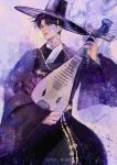  1boy artist_name black_hair black_hanbok black_hat body_markings bracelet closed_mouth colored_extremities commentary english_commentary faux_traditional_media gat_(hat) gatkkeun hanbok hat highres holding holding_instrument instrument instrument_request jewelry jinu_(kpop_demon_hunters) korean_clothes kpop_demon_hunters light_smile looking_to_the_side lyra_weis male_focus painterly short_hair solo twitter_username 