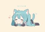  1girl animal_ears black_skirt black_sleeves black_thighhighs blue_hair blush cat_day cat_ears cat_girl cat_tail chibi chibi_only closed_eyes closed_mouth commentary detached_sleeves full_body grey_shirt hatsune_miku heart highres kemonomimi_mode long_hair lying meroharome on_stomach pleated_skirt shirt simple_background skirt sleeveless sleeveless_shirt smile solo tail thighhighs translated twintails vocaloid 