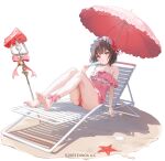  1girl ass bare_shoulders barefoot bell blush bow brown_hair casual_one-piece_swimsuit chair commentary_request enju_(sennen_sensou_aigis) flat_chest flower food frilled_hairband frilled_umbrella frills full_body hair_flower hair_ornament hairband holding holding_food holding_popsicle jingle_bell kawauchi_(kaz7ry) knees_up legs looking_at_viewer lounge_chair off-shoulder_one-piece_swimsuit off_shoulder official_art on_chair one-piece_swimsuit pink_bow pink_one-piece_swimsuit pink_umbrella planted planted_polearm polearm popsicle red_eyes red_flower sennen_sensou_aigis short_hair solo starfish swimsuit thighs toes tongue tongue_out trident umbrella weapon 