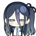  1girl :| anger_vein animated animated_gif aqua_eyes aqua_necktie aris_(blue_archive) black_jacket blue_archive blue_hair blue_hairband blue_jacket blush_stickers chibi chunye_haruya closed_mouth collared_shirt dot_nose hair_between_eyes hairband half-closed_eyes jacket long_bangs long_hair long_hair_between_eyes looking_at_viewer lowres multicolored_jacket necktie one_side_up open_clothes open_jacket school_uniform second-party_source shaded_face shirt simple_background solo squinting transparent_background upper_body white_jacket white_shirt 