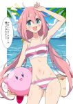  1girl absurdres bare_shoulders beach bikini blue_eyes blue_sky blush breasts cloud cloudy_sky collarbone crossover day eggman_(ni_tamagoex) fingernails heart highres kagamihara_nadeshiko kirby kirby_(series) long_hair looking_at_viewer multicolored_bikini navel notice_lines ocean open_mouth outdoors palm_tree pink_bikini pink_hair pink_nails salute sand sky smile speech_bubble starfish stomach striped_bikini striped_clothes swimsuit thighs translation_request tree two-tone_bikini white_background white_bikini yurucamp 