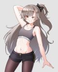  1girl arm_up black_bow black_pantyhose black_shorts blush bow brown_hair cowboy_shot flat_chest girls&#039;_frontline grey_background grey_sports_bra groin hair_bow highres jiwon_(sj1) looking_at_viewer navel one_eye_closed one_side_up pantyhose pantyhose_under_shorts scar scar_across_eye scar_on_face shorts simple_background smile solo split_mouth sports_bra ump45_(girls&#039;_frontline) yellow_eyes 