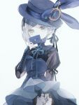  1girl black_dress black_hat blue_ribbon boater_hat clock covered_mouth covering_own_mouth dress envelope grey_eyes grey_hair hair_bun hand_up hat hat_ornament high_collar highres holding holding_envelope juliet_sleeves long_sleeves looking_at_viewer neck_ribbon official_alternate_costume puffy_sleeves rabbit_hat_ornament rainyam6 reverse:1999 ribbon single_side_bun solo upper_body vertin_(reverse:1999) white_background 