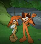 2025 absurd_res anthro badger breasts covering covering_self darktheartist embarrassed female forest genitals hi_res jungle machine male mammal mustelid musteline nipples nude open_mouth outside plant robot rock sega smile sonic_boom sonic_the_hedgehog_(series) standing sticks_the_jungle_badger stretching tomboy tree vulva