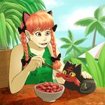  :3 absurdres animal_ears braid brown_eyes cat_ears chopsticks extra_ears food funkyfunking gen_7_pokemon highres kaenbyou_rin litten palm_tree pokemon pokemon_(creature) pokemon_(game) pokemon_sm quality red_hair touhou tree twin_braids 