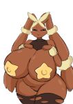 2022 alternate_version_at_source anthro bedroom_eyes belly big_breasts big_ears biped black_sclera blush blush_lines breasts brown_body clothing curvy_figure featureless_crotch female floppy_ears generation_6_pokemon hi_res huge_breasts huge_hips lagomorph legwear lips looking_at_viewer lop_ears mammal mega_evolution mega_lopunny momijizx mostly_nude narrowed_eyes nintendo nipple_outline parted_lips pasties pink_eyes pink_nose pokemon pokemon_(species) portrait seductive simple_background slightly_chubby slightly_chubby_anthro slightly_chubby_female smile solo standing star_pasties thick_thighs thigh_highs three-quarter_portrait torn_clothing torn_thigh_highs voluptuous white_background wide_hips