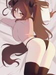  1girl absurdres ahoge ass ass_focus back bed_sheet black_ribbon black_thighhighs blush breasts brown_eyes brown_hair closed_mouth crop_top eyebrows_hidden_by_hair hair_ribbon hazel_eyes high-waist_panties highleg highleg_panties highres huge_ahoge indie_virtual_youtuber large_breasts long_hair long_sleeves looking_at_viewer lying on_bed on_stomach panties pillow pink_shirt ribbon shirt sky_above_me sky_above_me_(vtuber) solo thighhighs thighs twintails underwear very_long_hair virtual_youtuber 