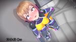  1girl 3d agent_mirai blender_(medium) blush bodysuit breasts brown_hair covered_navel covered_nipples crying cum cum_on_body facial from_above gradient_hair highres impossible_bodysuit impossible_clothes looking_at_viewer looking_up medium_breasts mirai_(agent_mirai) multicolored_hair open_mouth personality_excrement purple_eyes restrained short_hair skin_tight solo stationary_restraints tears umaaji_lady_mk2 wide-eyed 