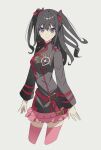  1girl absurdres badge belt black_hair black_jacket black_order_uniform chain cross d.gray-man floating_hair george_man gold_chain grey_background hair_between_eyes hair_ribbon highres jacket lenalee_lee light_smile long_hair long_sleeves looking_at_viewer military military_uniform miniskirt pink_skirt pink_thighhighs pleated_skirt purple_eyes red_belt red_ribbon ribbon sidelocks simple_background skirt smile solo striped_clothes striped_jacket thighhighs thighs two_side_up vertical-striped_clothes vertical-striped_jacket zettai_ryouiki 