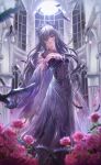  1girl artist_request ashley_(shining_nikki) bird blue_eyes breasts burn_scar cleavage crow dress exhaust feathers feet_out_of_frame flower frilled_bracelet full_moon game_cg grey_hair hair_between_eyes hand_on_own_chest highres indoors long_dress long_hair long_hair_between_eyes long_sleeves looking_at_viewer moon night night_sky nikki_(series) nocturne_song_(shining_nikki) official_art parted_lips petals pink_flower pink_rose purple_dress rose rose_petals scar scar_on_face shining_nikki sky solo standing star_(sky) starry_sky strapless strapless_dress thorns very_long_hair wide_sleeves window 
