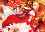  :d ahoge blonde_hair blurry blush breasts cleavage column corset curtains depth_of_field dutch_angle epaulettes fate/extra fate/extra_ccc fate_(series) fingerless_gloves fuyuki_(neigedhiver) gloves green_eyes hair_intakes head_wreath highres holding holding_sword holding_weapon lens_flare medium_breasts nero_claudius_(fate) nero_claudius_(fate)_(all) open_mouth outstretched_arm petals pillar railing red_gloves skirt smile solo sword weapon 