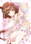  1girl animal_ears aston_machan_(everlasting_candy)_(umamusume) aston_machan_(umamusume) brown_hair closed_mouth commentary_request detached_sleeves dress feet_out_of_frame green_eyes hair_ornament hairclip heart heart_hands horse_ears horse_girl horse_tail koruri long_sleeves looking_at_viewer puffy_long_sleeves puffy_sleeves rabbit_hair_ornament smile solo star_(symbol) stuffed_animal stuffed_toy tail teddy_bear thighhighs twitter_username umamusume valentine watermark white_dress white_sleeves white_thighhighs 