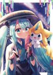  1girl 1other aqua_eyes aqua_hair blush commentary doroshii grey_kimono hatsune_miku highres japanese_clothes jirachi kimono long_hair long_sleeves milky_way official_alternate_costume official_alternate_hairstyle open_mouth pokemon pokemon_(creature) project_voltage sandogasa smile star_(sky) steel_miku_(project_voltage) tanabata tanzaku twintails twitter_username very_long_hair vocaloid wide_sleeves 