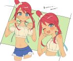  1girl ;d bare_shoulders blue_eyes blue_shorts blush closed_mouth crop_top highres looking_at_viewer multiple_views navel official_alternate_costume one_eye_closed open_mouth pokemon pokemon_masters_ex red_hair short_hair_with_long_locks short_shorts shorts sidelocks skyla_(pokemon) skyla_(summer_2025)_(pokemon) smile sumeragi1101 sweat twitter_username 