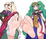  2girls asymmetrical_hair bare_legs bare_shoulders barefoot blonde_hair blunt_bangs braid dress feet fire_emblem fire_emblem:_three_houses flower foot_focus foot_out_of_frame frilled_shorts frills gold_trim green_eyes green_hair hair_ornament hand_on_own_hip highres kid_icarus kid_icarus_uprising long_hair looking_at_viewer multiple_girls pelvic_curtain pointy_ears purple_flower short_sleeves shorts shorts_under_skirt simple_background smile smug softhanten soles sothis_(fire_emblem) spread_toes standing standing_on_one_leg stepping tassel teeth thighs tiara toes twintails upper_teeth_only very_long_hair viridi white_background white_shorts 