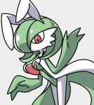3_fingers blush blush_lines breasts chest_spike cleavage clothed clothing fake_ears fake_rabbit_ears female fingers gardevoir generation_3_pokemon green_hair grey_background hair hanya hi_res looking_at_viewer nintendo pokemon pokemon_(species) pseudo_clothing pupils red_eyes short_hair simple_background spikes spikes_(anatomy) white_body white_pupils white_skin