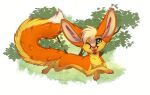 2025 4_toes ambiguous_gender canid canine claws countershade_fur countershade_torso countershading digital_media_(artwork) feet female_(lore) feral fox fur green_eyes inner_ear_fluff looking_at_viewer lying mammal on_front one_eye_closed orange_body orange_fur orange_tail quadruped rukifox smile solo tail teeth toe_claws toes tongue tuft