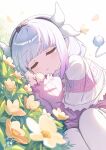  1girl black_bow blunt_bangs bow bug butterfly closed_eyes dragon_horns dutch_angle eyebrows_hidden_by_hair floral_background flower frilled_sleeves frills gradient_hair grass hair_ornament hairband head_on_hands head_rest highres horns kanna_kamui knees_up kobayashi-san_chi_no_maidragon long_hair long_sleeves lying multicolored_hair on_grass on_side pantyhose puffy_sleeves sidelocks signature sleeping sleeves_past_wrists solo sunlight tail two-tone_shirt wagashi928 white_hair white_pantyhose 