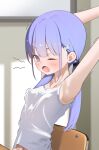  1girl armpits arms_up blush breasts camisole chair covered_nipples hair_ornament hayakawa_sena_(pei_iriya) highres indoors on_chair one_eye_closed open_mouth original pei_iriya purple_eyes purple_hair sitting small_breasts solo twintails white_camisole yawning 