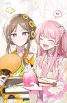  2girls bang_dream! bang_dream!_it&#039;s_mygo!!!!! bottle chihaya_anon closed_mouth commentary crazy_straw drinking_straw fang floral_print flower hair_flower hair_ornament hand_fan heart heart_straw holding holding_bottle japanese_clothes kimono long_hair multiple_girls nagasaki_soyo obi one_side_up open_mouth pink_hair pink_kimono print_kimono sash sidelocks spoken_heart sunflower sunflower_print sweatdrop yellow_kimono yojeong_dimseom 
