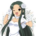  1girl ;d alternate_costume breasts cleavage commentary_request dress fang flower forehead frilled_gloves frills gloves green_hair gurobeya hair_flower hair_ornament hands_up highres long_hair looking_at_viewer medium_breasts one_eye_closed open_mouth simple_background smile solo suzumiya_haruhi_no_yuuutsu tongue tsuruya upper_body very_long_hair white_background white_dress white_flower white_gloves 