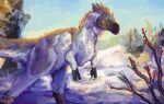 ambiguous_gender blue_eyes claws dinosaur feral fluffy fur grey_body grey_fur hi_res hollyvardia looking_at_viewer prehistoric_species reptile scalie snow solo theropod tyrannosauroid white_body white_claws white_fur yutyrannus