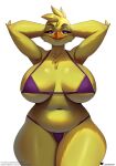 2025 anthro avian beak belly big_breasts bikini bikini_bottom bikini_thong bikini_top bird breasts chica_(fnaf) chicken classic_chica_(fnaf) clothing curvy_figure digital_media_(artwork) doomthewolf feathers female five_nights_at_freddy&#039;s front_view galliform gallus_(genus) genitals hands_behind_head hi_res huge_breasts looking_at_viewer navel non-mammal_breasts phasianid purple_eyes scottgames slightly_chubby slightly_chubby_anthro slightly_chubby_female solo swimwear text thick_thighs two-piece_swimsuit url wide_hips yellow_body yellow_feathers