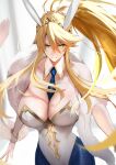  1girl absurdres ahoge animal_ears artoria_pendragon_(fate) artoria_pendragon_(swimsuit_ruler)_(fate) artoria_pendragon_(swimsuit_ruler)_(first_ascension)_(fate) bare_arms bare_shoulders blonde_hair blue_necktie blue_pantyhose braid breasts cleavage clothing_cutout detached_collar fate/grand_order fate_(series) feather_boa fishnet_pantyhose fishnets floating_hair gold_trim green_eyes hair_between_eyes highleg highleg_leotard highres jikihatiman large_breasts leotard long_hair looking_at_viewer navel navel_cutout necktie off_shoulder outstretched_hand pantyhose playboy_bunny ponytail rabbit_ears sidelocks simple_background smile solo spread_fingers standing strapless strapless_leotard tiara white_background white_leotard wrist_cuffs 