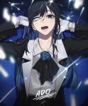  1girl absurdres ado_(utaite) black_bow black_bowtie black_coat black_hair blue_eyes blue_flower blue_hair blue_rose bow bowtie brooch chando_(ado) character_name coat collared_shirt commentary_request daichim_lem dress_shirt flower flower_brooch gloves hair_between_eyes heterochromia highres jewelry long_hair no_mole open_clothes open_coat open_mouth rose shirt sidelocks signature solo teeth utaite white_gloves white_shirt 