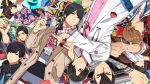  1010_mumumu 6+boys ankh_(ooo) banjou_ryuuga binary black_hair blue_eyes blue_shirt bracelet brown_coat brown_hair buttons coat commentary_request cross-z_dragon double-breasted floral_print fullbottle gashat ghost_driver green_eyes grey_shirt hair_between_eyes henshin heterochromia highres hino_eiji houjou_emu in-franchise_crossover jacket jewelry kamen_rider kamen_rider_build_(series) kamen_rider_ex-aid_(series) kamen_rider_fourze_(series) kamen_rider_gaim_(series) kamen_rider_ghost_(series) kamen_rider_heisei_generations_final:_build_&amp;_ex-aid_with_legend_riders kamen_rider_lazer_bike_gamer_level_2 kamen_rider_ooo_(series) kazuraba_kouta kiryuu_sento kisaragi_gentarou lab_coat lock_seed male_focus mighty_action_x_gashat motor_vehicle motorcycle multiple_boys o_scanner ooo_driver open_mouth orange_eyes orange_vest parad pink_eyes pink_shirt plaid_clothes plaid_shirt rabbit_fullbottle red_eyes rider_belt shirt short_hair sleeves_rolled_up smile stethoscope stethoscope_around_neck striped_clothes striped_shirt studded_bracelet sukajan sweatdrop tenkuuji_takeru tokusatsu upside-down vest 