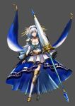  1girl arm_at_side armor armored_boots belt black_bridal_gauntlets black_choker blue_cape blue_dress blue_eyes blue_hair blue_hairband boots breasts bridal_gauntlets brown_belt cape choker cleavage closed_mouth collarbone crossed_legs dress feather_hair_ornament feathers floating_cape frilled_dress frills full_body gradient_hair grey_background hair_ornament hairband halter_dress halterneck high-low_dress holding holding_polearm holding_weapon jewelry lance layered_dress long_dress long_sleeves looking_at_viewer medium_breasts multicolored_hair necklace original pauldrons polearm scallgo sheath sheathed short_hair shoulder_armor simple_background smile solo standing swept_bangs sword tachi-e thigh_boots two-tone_dress watson_cross weapon white_boots white_dress white_hair 