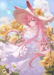  1girl absurdres animal_ears arms_behind_back blue_eyes blue_sky cloud commission cowboy_shot dress flower hat hat_ribbon highres honkai_(series) honkai_impact_3rd lens_flare lixiang_guo_alice long_hair looking_at_viewer messy_hair pink_hair rabbit_ears ribbon sky smile solo straw_hat sunflower white_dress white_ribbon yae_sakura 