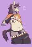 anthro areola arm_warmers armwear belt bottomwear bottomwear_down bulge clothed clothing clothing_lift equid equine freaxorz gambit_(freaxorz) gynomorph hi_res horse intersex jockstrap mammal nipples nonbinary_(lore) pants pants_down partially_clothed presenting_belly presenting_bulge shirt shirt_lift slightly_chubby solo tail tail_wraps thick_thighs tongue tongue_out topwear underwear wraps