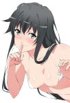  1girl ahoge bikini bikini_top_pull black_hair blush breasts breasts_out closed_mouth collarbone commentary finger_to_mouth hands_up highres index_finger_raised long_hair looking_at_viewer micro_bikini nipples pulling_own_clothes shou937 shushing simple_background small_breasts solo swimsuit symbol-only_commentary upper_body white_background white_bikini yahari_ore_no_seishun_lovecome_wa_machigatteiru. yukinoshita_yukino 
