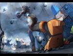  1girl absurdres aircraft armor ass bodysuit breasts broken_glass building city cloud cloudy_sky colossus_(natsukaze_shigure) debris destruction explosion foreshortening from_below giant giantess glass green_eyes grey_hair grey_sky helicopter hexagon_print highres impossible_bodysuit impossible_clothes kaiju large_breasts letterboxed long_hair magical_girl monster natsukaze_shigure original outdoors overcast rain reflection rubble short_hair skin_tight sky skyscraper standing variant_set 